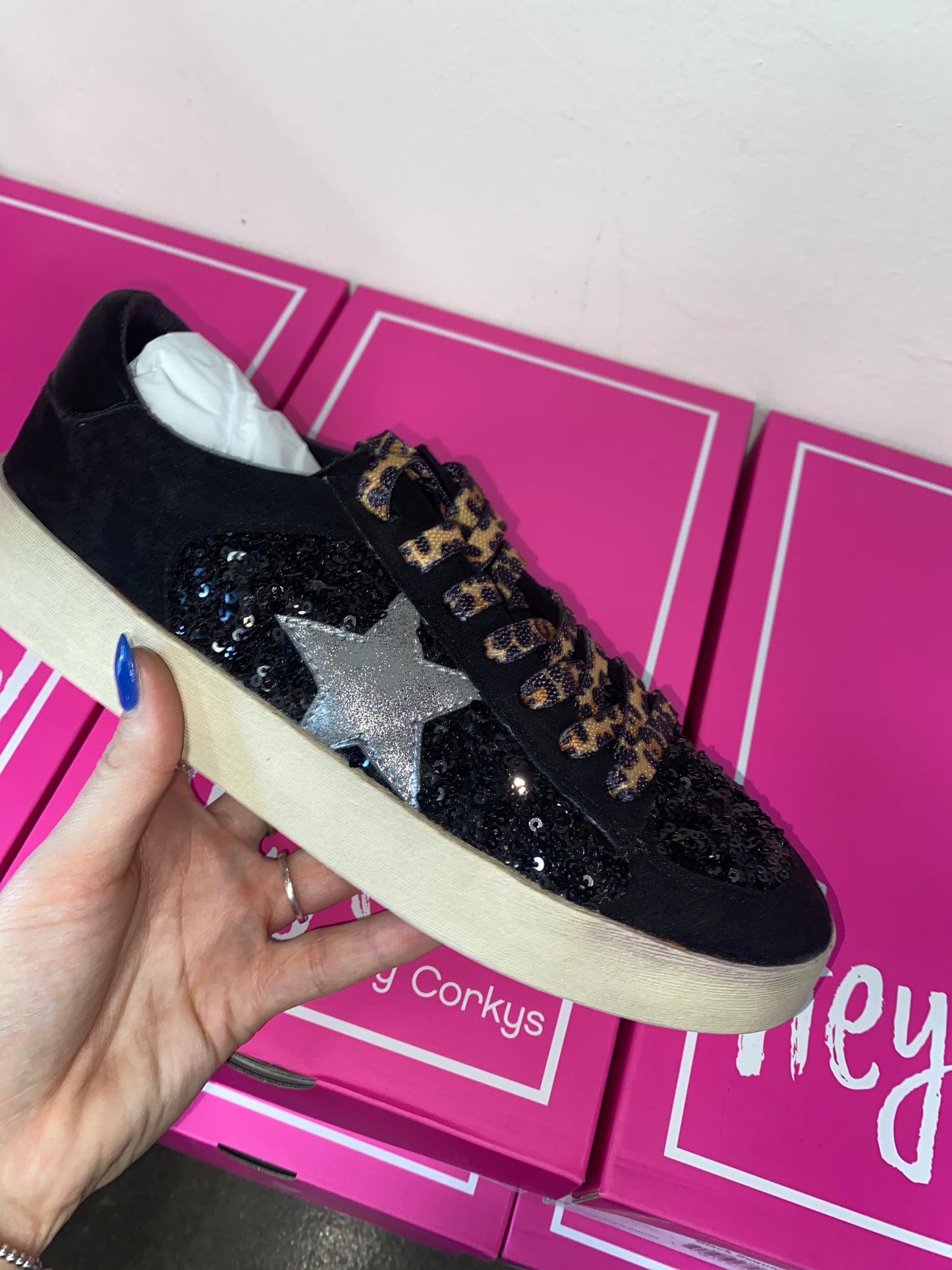 Black Seqiun with Sliver Star and Leopard Laces Sneakers