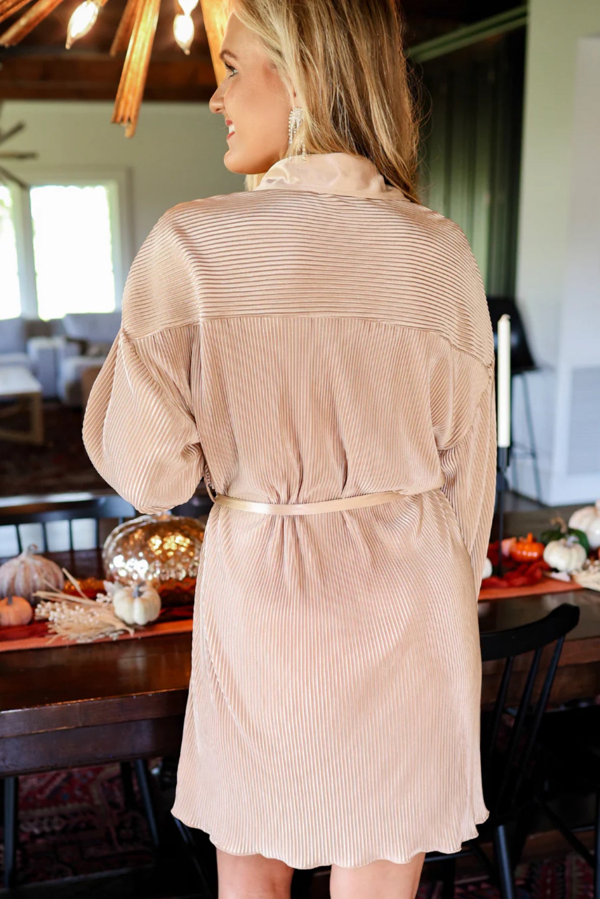 Tan Hot Shot Pleated Tie Dress
