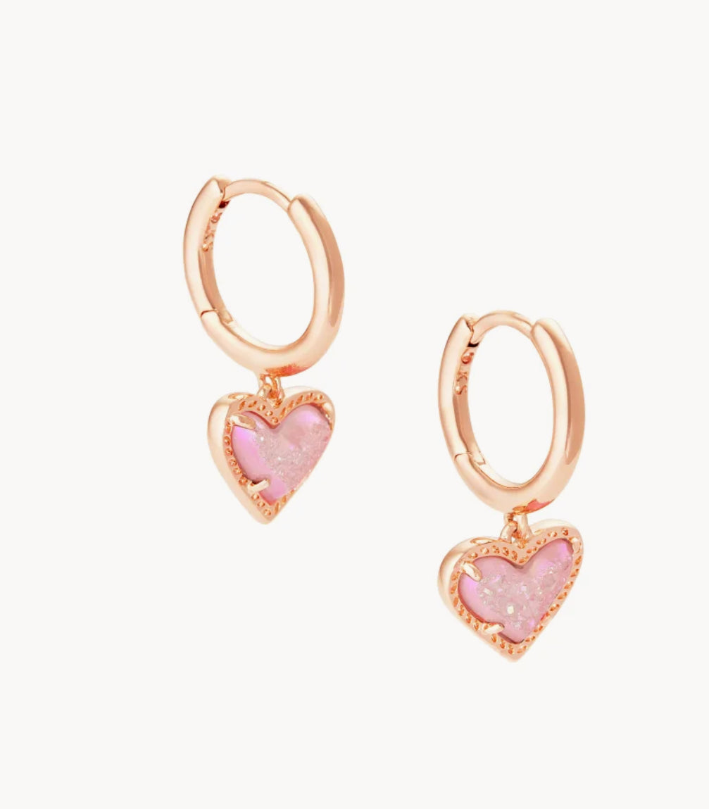 Ari Heart Rose Gold Huggie Earrings in Light Pink Drusy