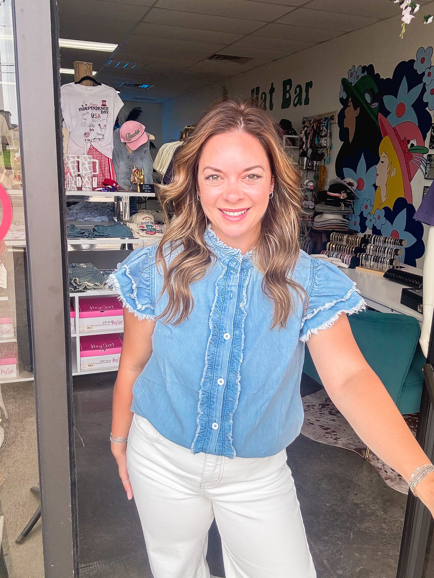 Denim ruffle top