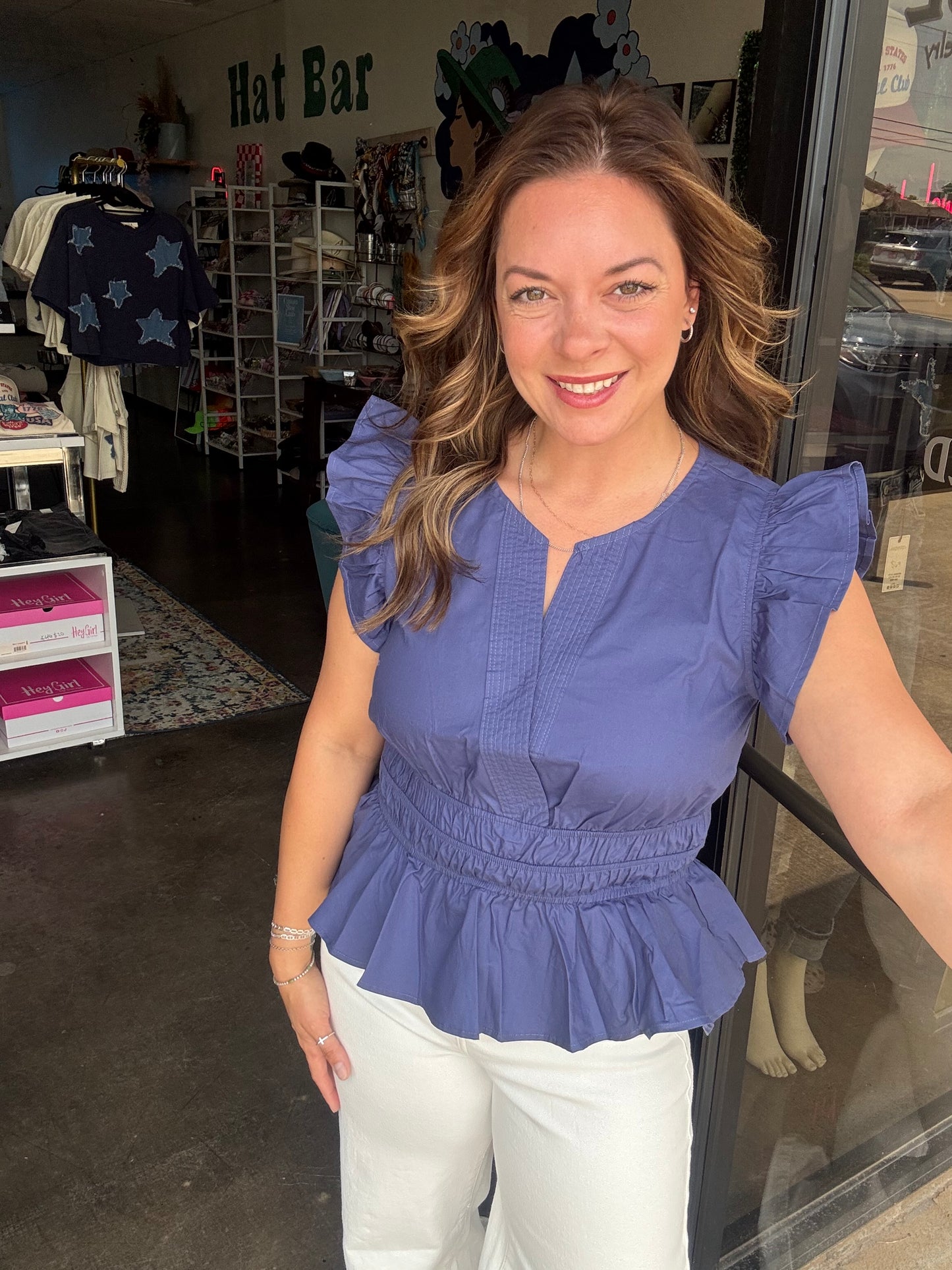 RUFFLED SLEEVE V NECK WOVEN TOP WITH WAIST ELASTIC