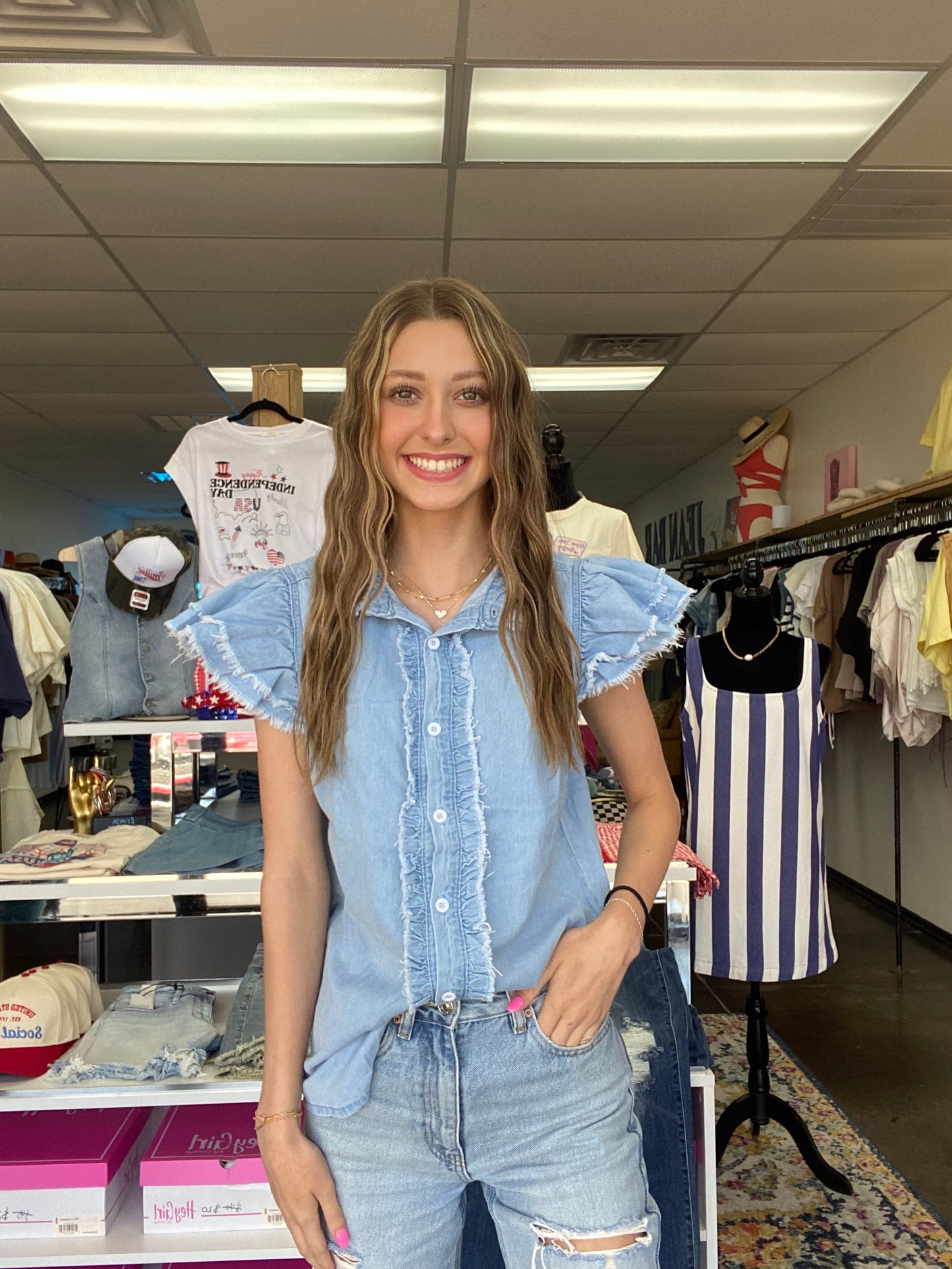 Denim ruffle top
