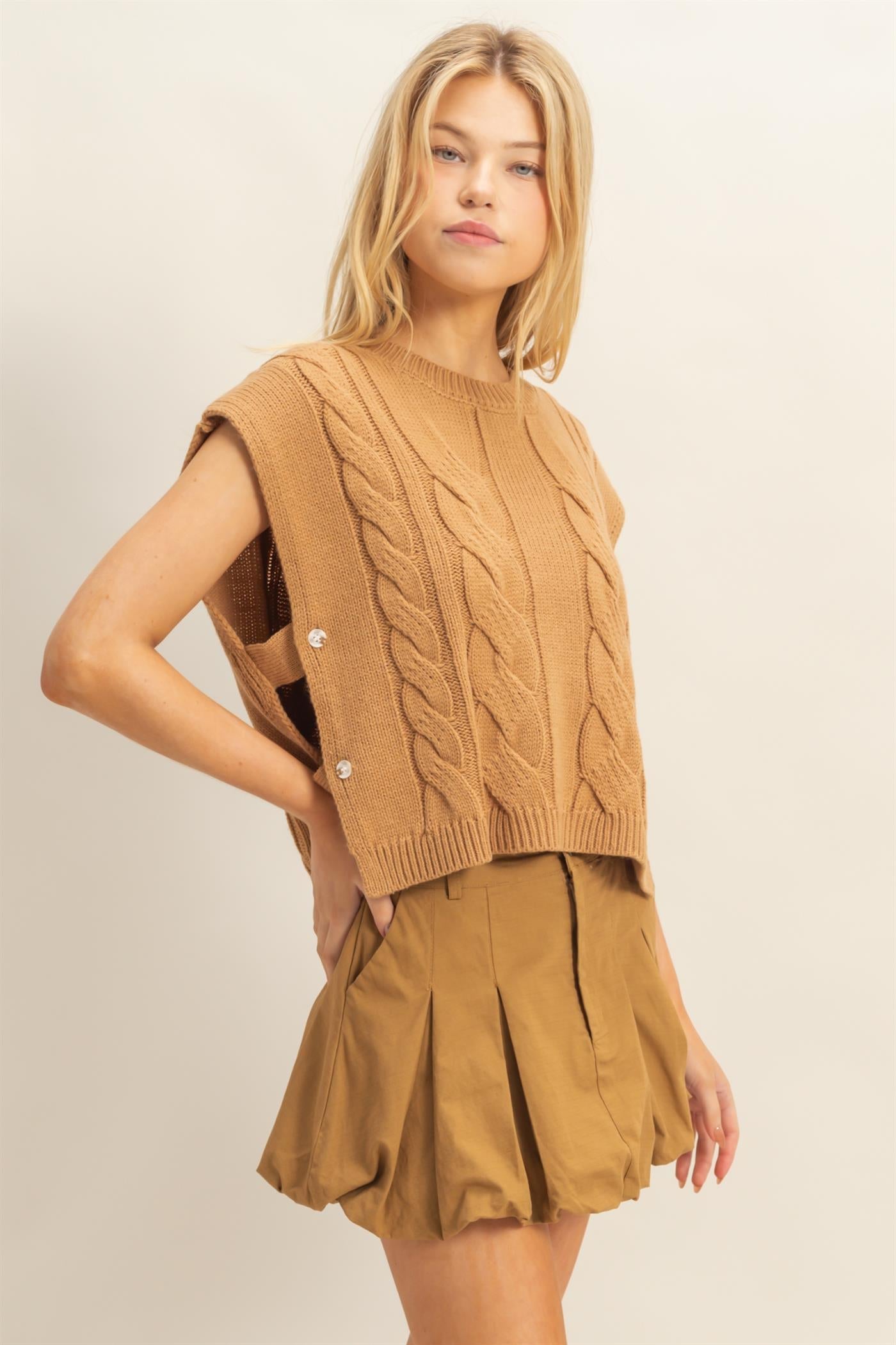 Cable Knit Sleeveless Sweater With Side Buttons
