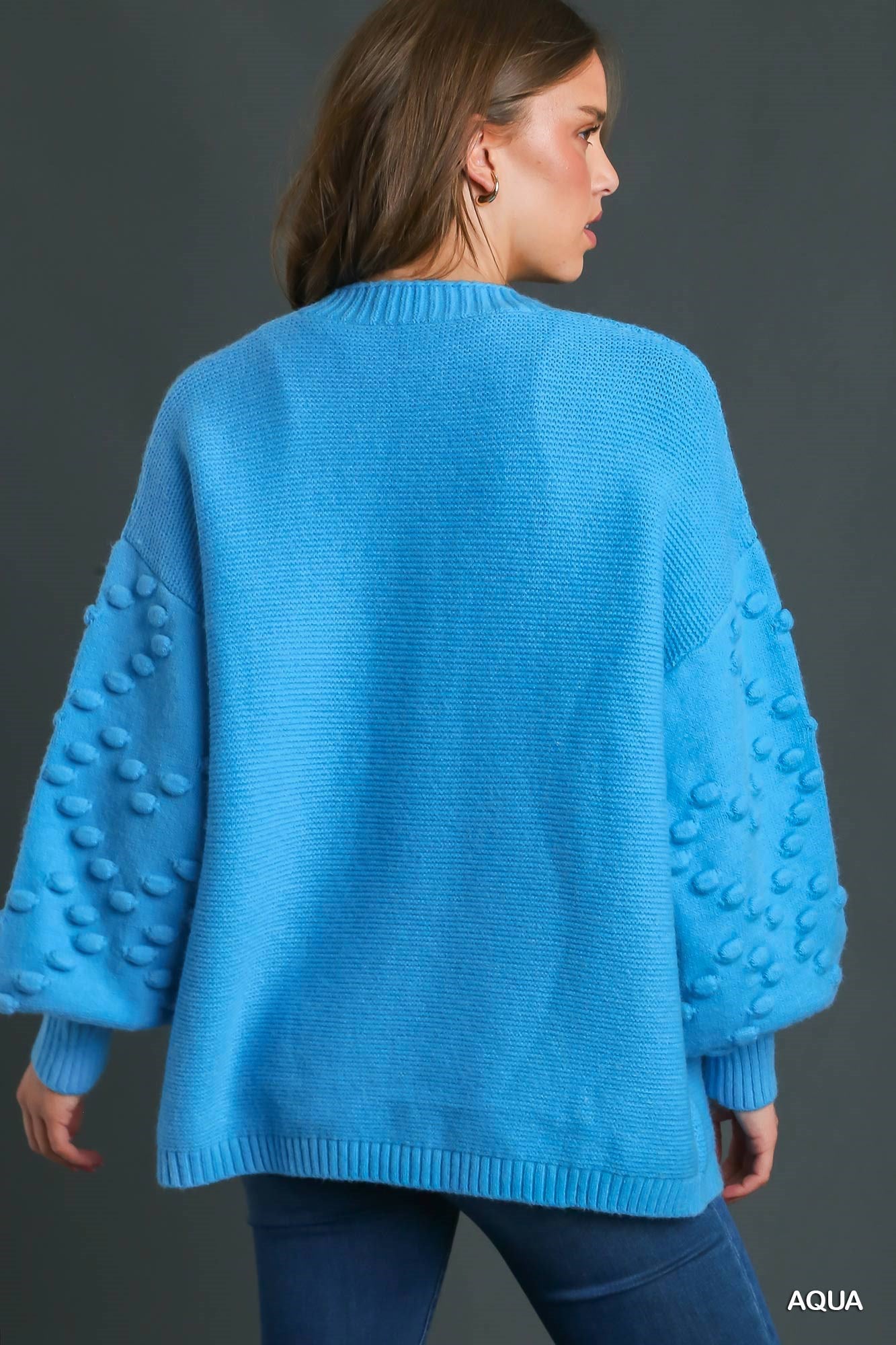 Aqua Open Front Cardigan Sweater with Pom Pom Detailed Sleeves