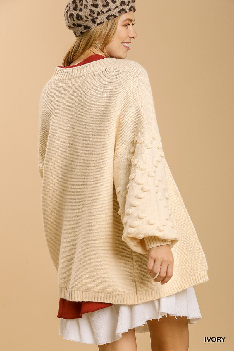 Ivory Open Front Cardigan Sweater with Pom Pom Details On Sleeves