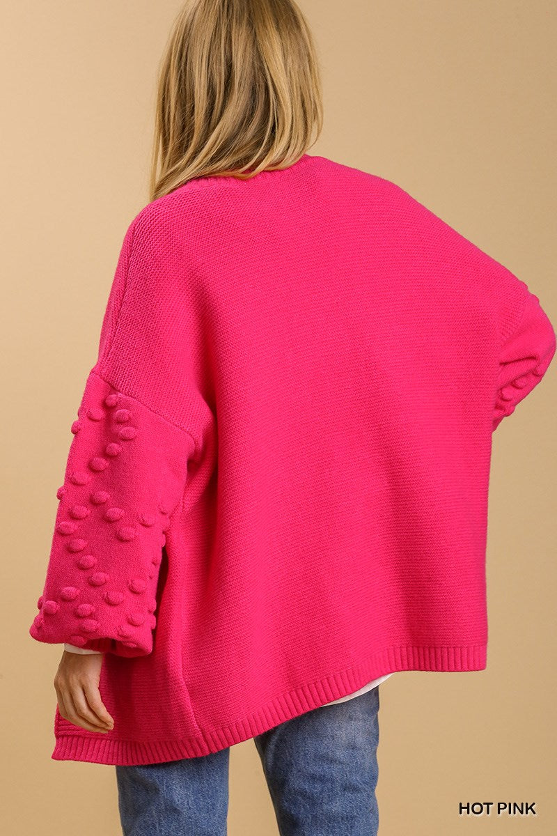 Hot Pink Open Front Cardigan Sweater with Pom Pom Details On Sleeves