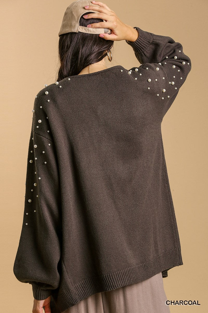 Charcoal Open Front Cardigan with Long Sleeve Pearl Details