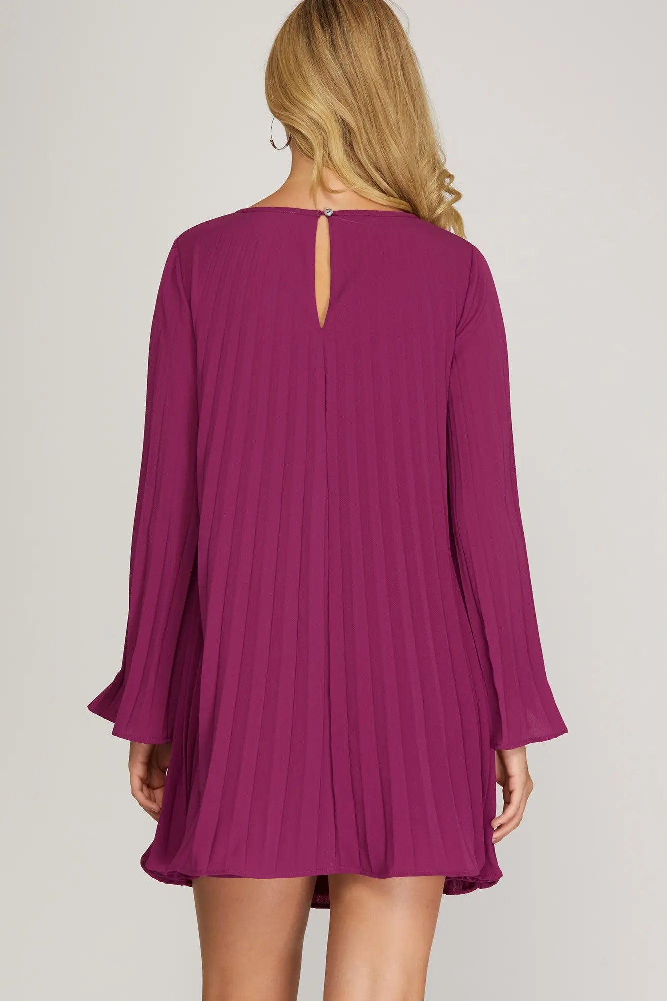 BERRY LONG SLEEVE PLEATED WOVEN DRESS