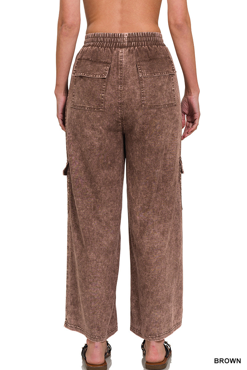 WASHED LINEN ELASTIC BAND WAIST CARGO PANTS