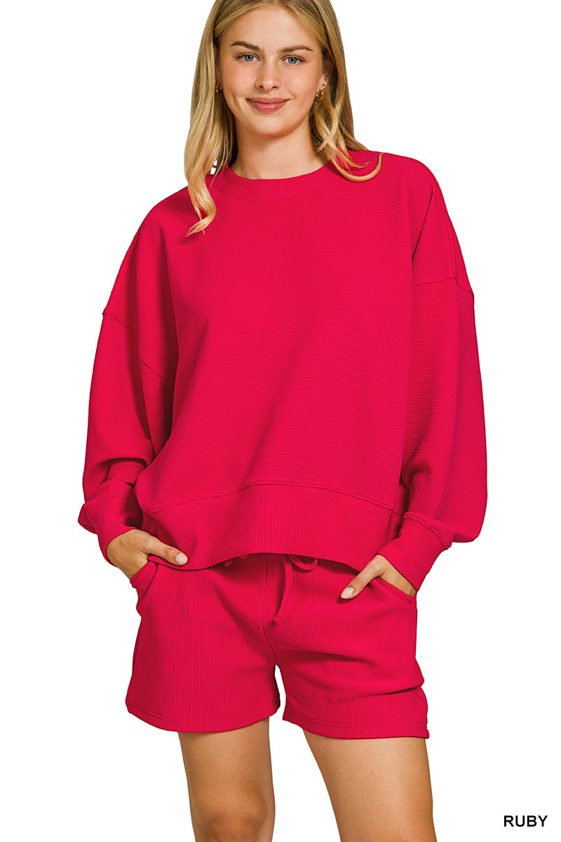 RIBBED ROUND NECK PULLOVER & SHORTS SET