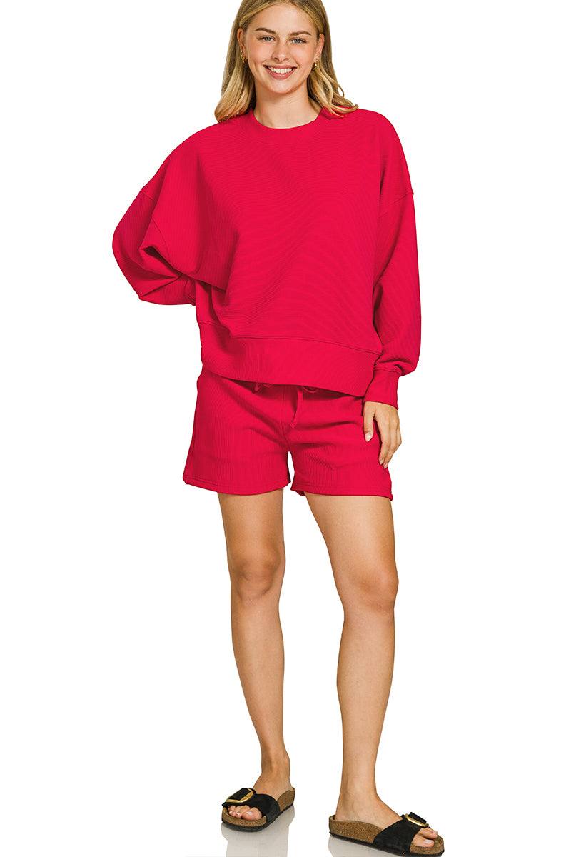 RIBBED ROUND NECK PULLOVER & SHORTS SET