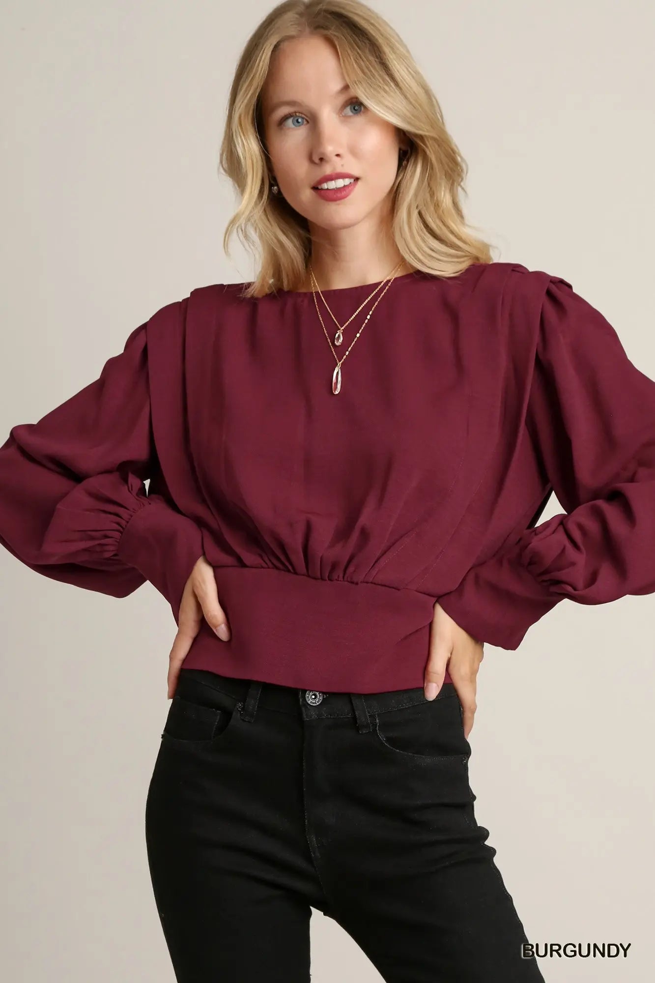 Burgundy shoulder creped blouse