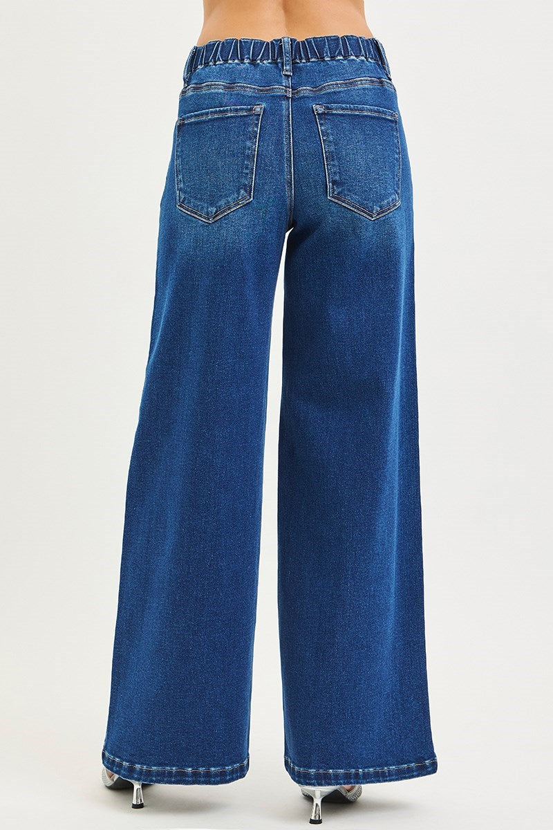 ELASTIC BAND MID RISE WIDE LEG JEANS WITH SIDE PINTUCK DETAIL AND FRONT DRAWSTRING