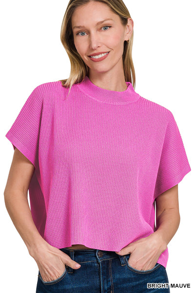 Bright mauve mock neck short sleeve sweater