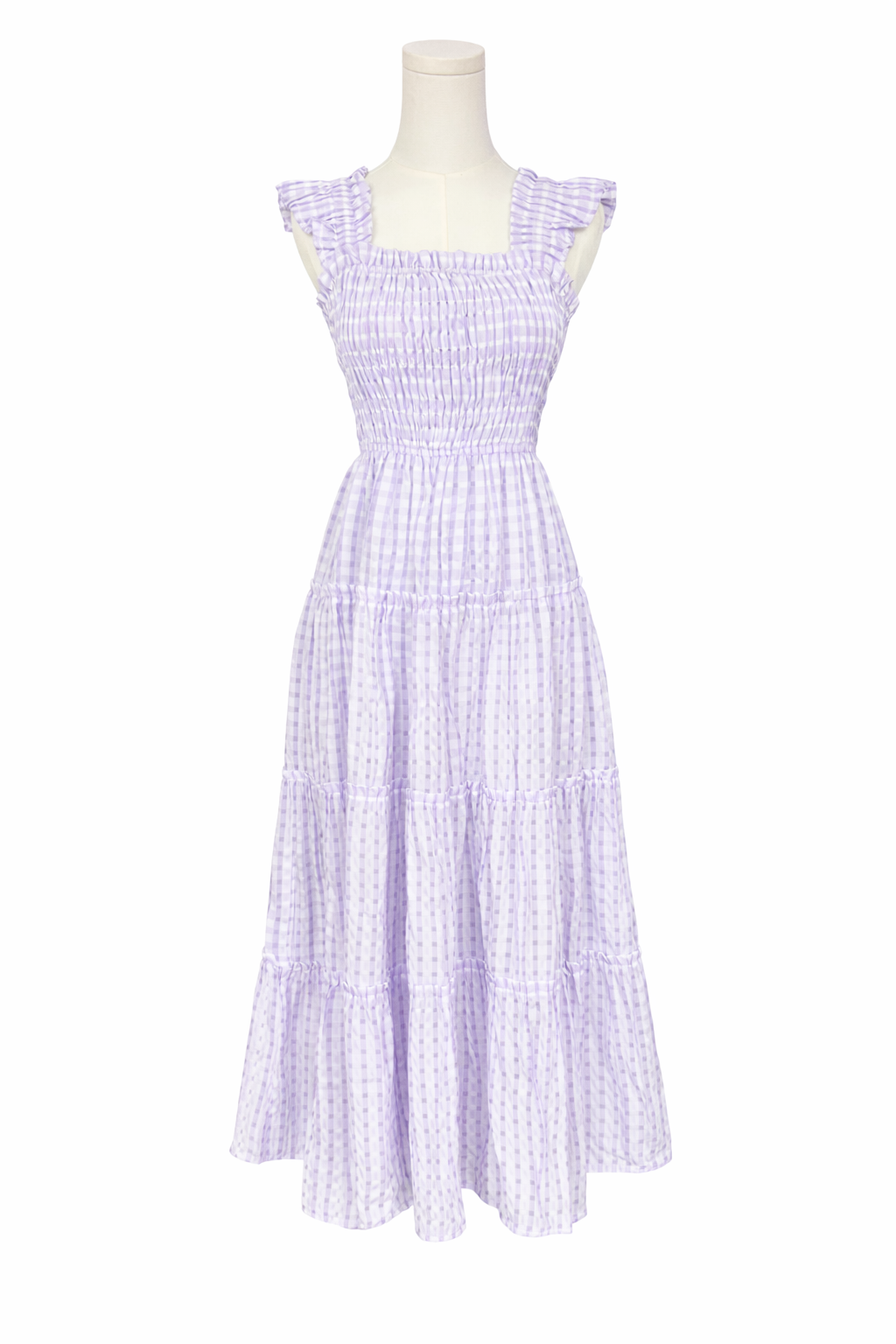Checkered Seersucker Smocked A-Line Dress with Ruffle Tiered Details & Ruffle Flutter Sleeve