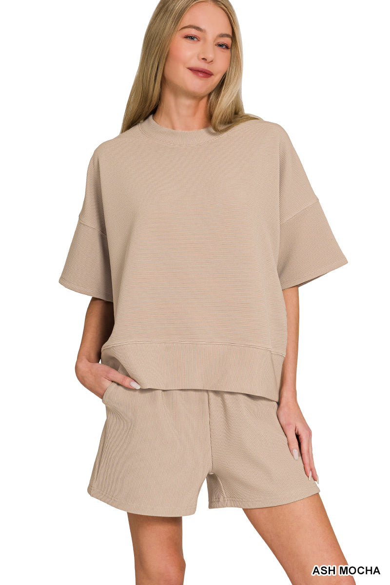 RIBBED ROUND NECK WAIST BANDED TEE & SHORTS SET