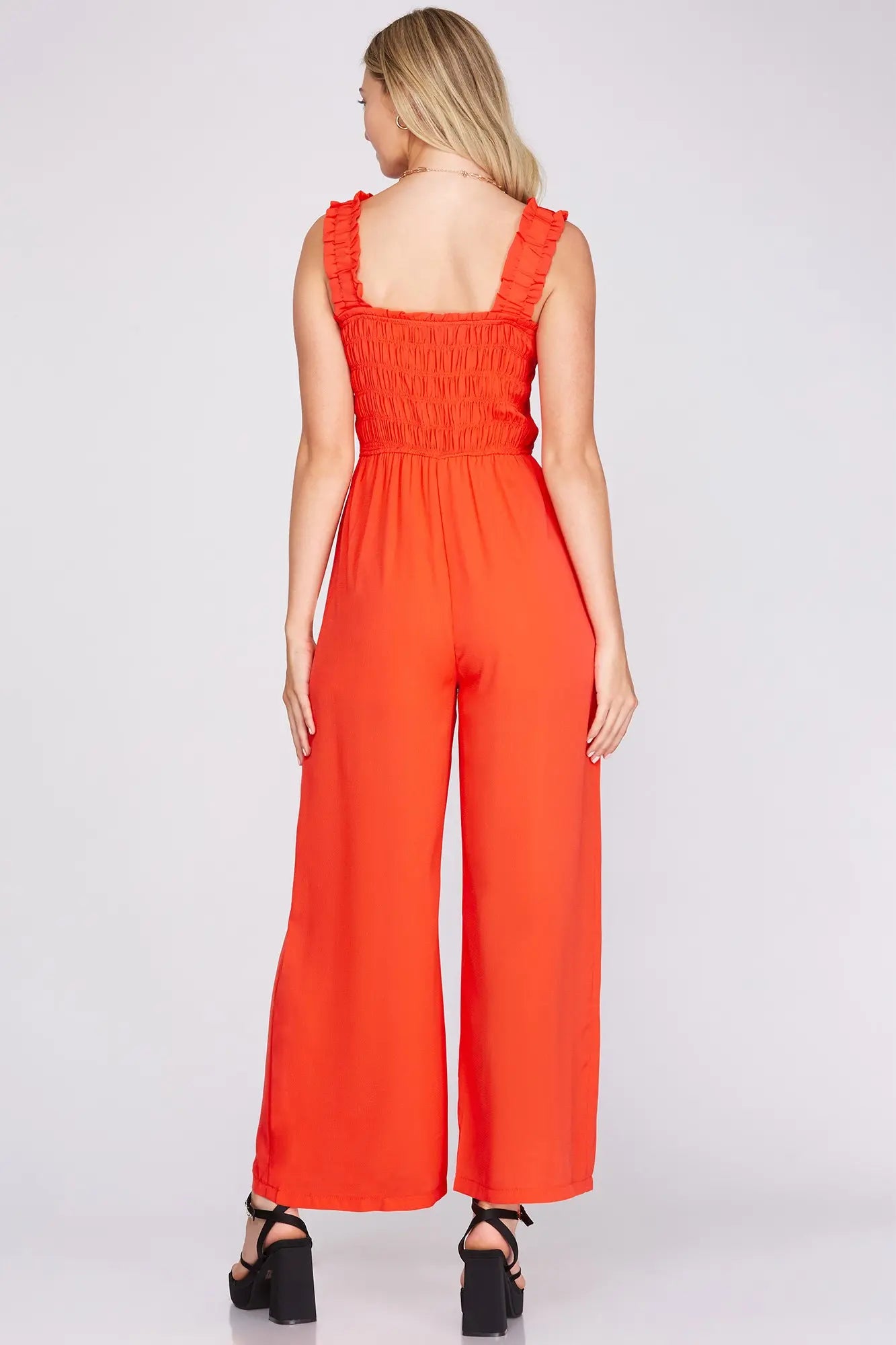 WOVEN SMOCKED JUMPSUIT WITH ELASTIC RUFFLED SHOULDER STRAP