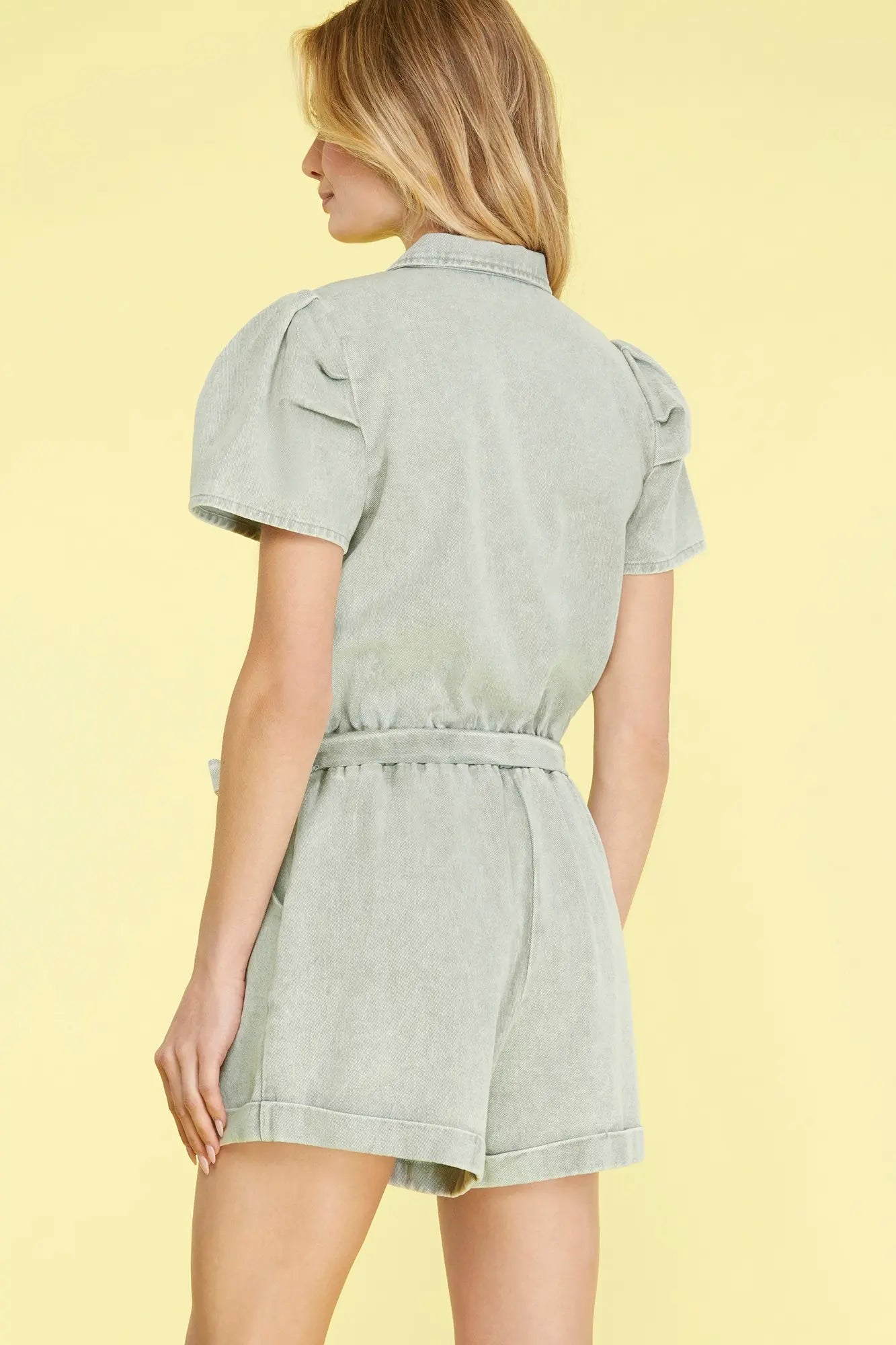 PUFF SLEEVE BUTTON DOWN ELASTIC WAIST WASH TWILL ROMPER WITH FRONT TIE AND POCKETS