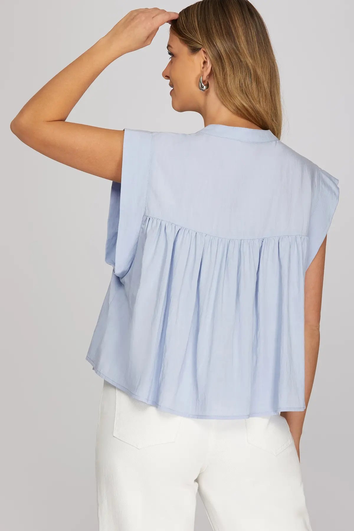DROP SHOULDER LACED HALF FRONT BUTTON WOVEN TOP