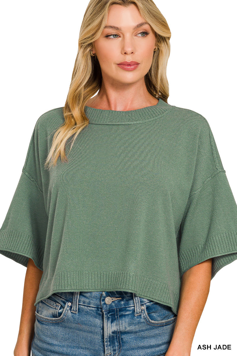 VISCOSE MOCK NECK SHORT SLEEVE BOXY SWEATER/ ASH JADE