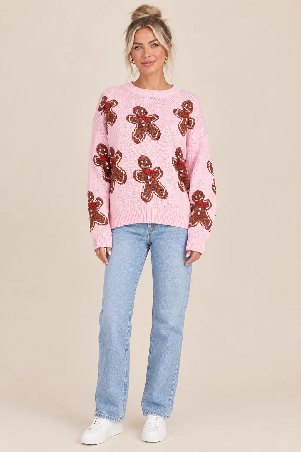 Gingerbread Pattern Round Neck Long Sleeve Shift Sweater