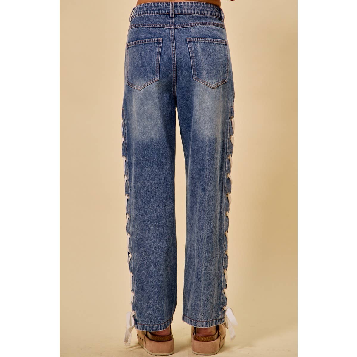 MID RISE STRAIGHT LEG DENIM SIDE LACE UP JEANS: DENIM