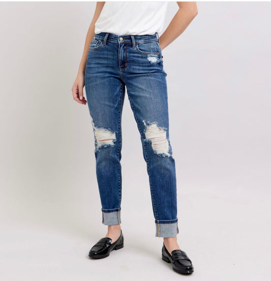 Boyfriend Fit Relaxed Skinny With Rips Dark Wash