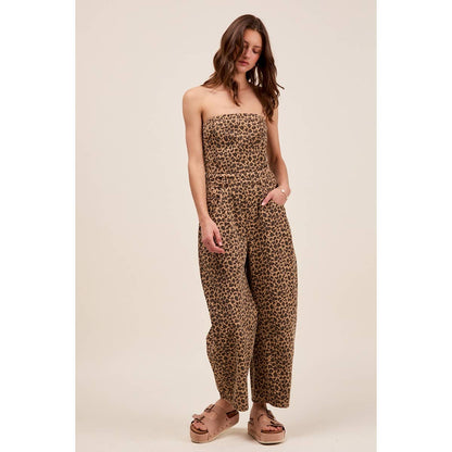 STRAPLESS LEOPARD BARREL TWILL DENIM JUMPSUIT: LEOPARD
