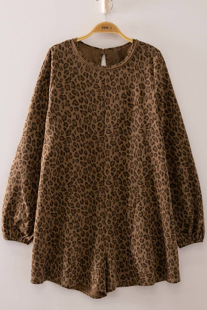 Leopard Print Long Sleeve Romper: MOCHA LEOPARD