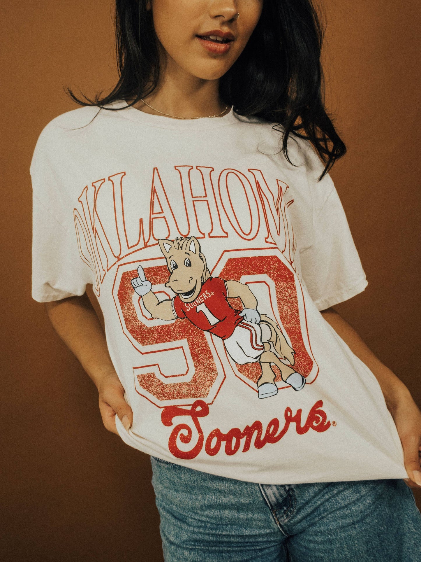 OU Oklahoma Sooners Club Mascot Off White Thrifted Tee