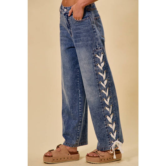 MID RISE STRAIGHT LEG DENIM SIDE LACE UP JEANS: DENIM