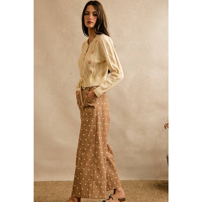 POLKA DOT ELASTICIZED WAIST WIDE PANTS: CAMEL/IVORY