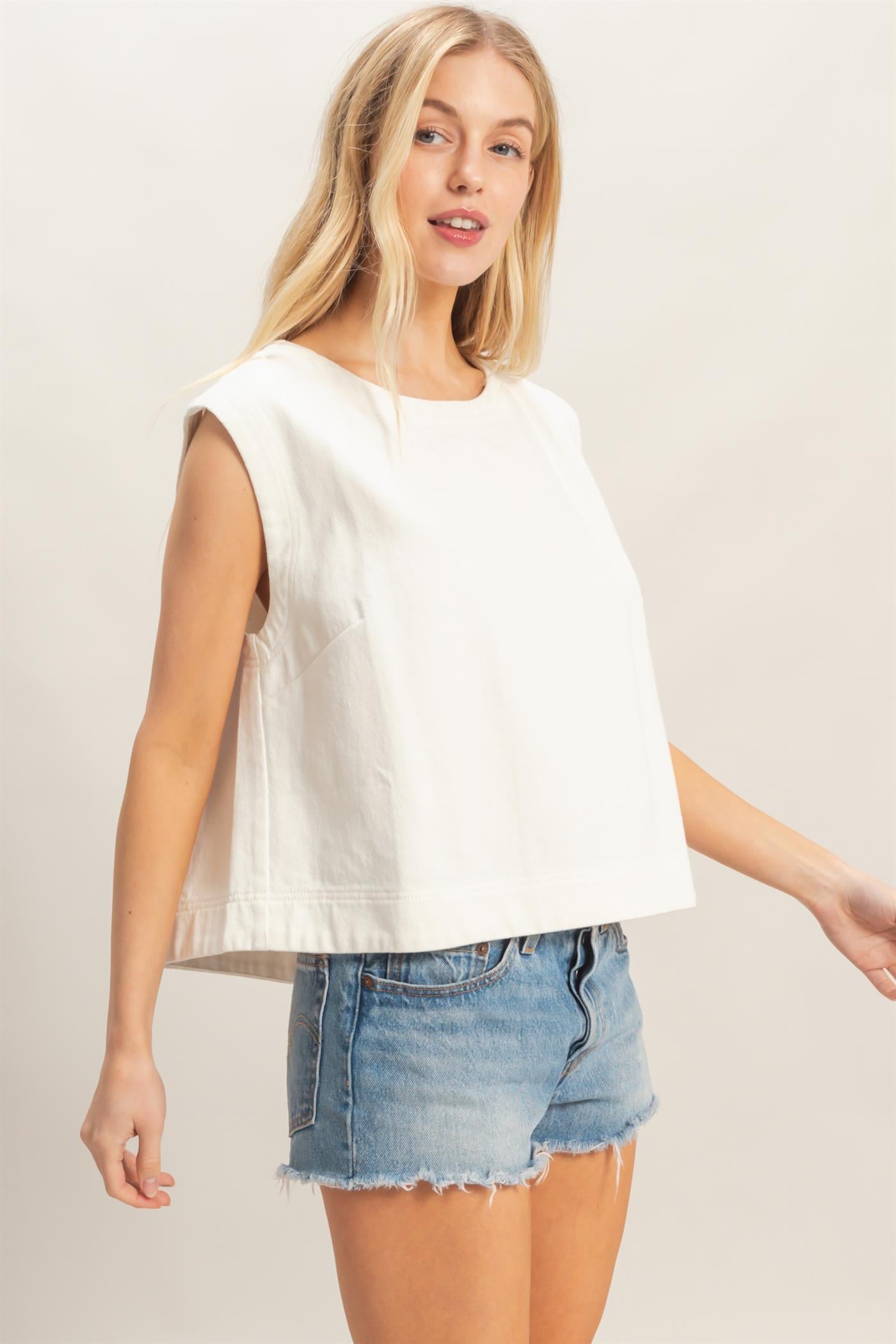 White Sleeveless Denim Top