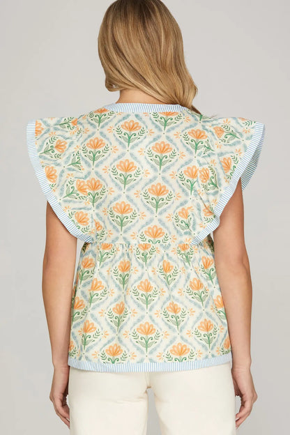 RUFFLE SLEEVE PRINTED TOP BLUE AND ORANGE