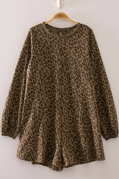 Leopard Print Long Sleeve Romper: MOCHA LEOPARD