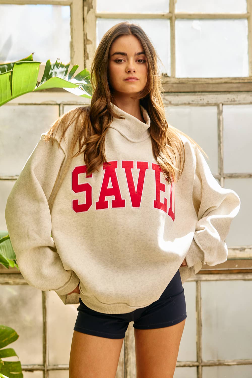 SAVED Embroidered "SAVED" Mock Neck Sweatshirt: Ash Grey