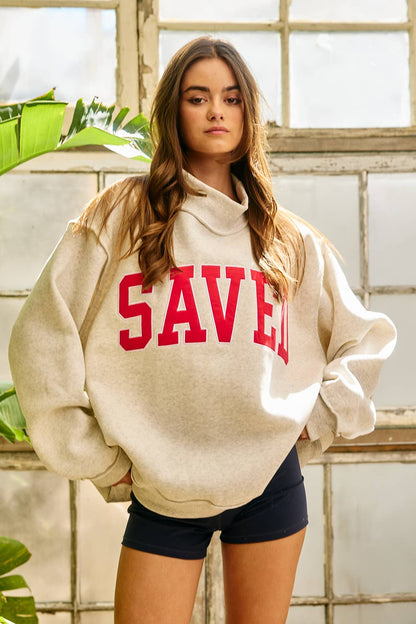 SAVED Embroidered "SAVED" Mock Neck Sweatshirt: Ash Grey
