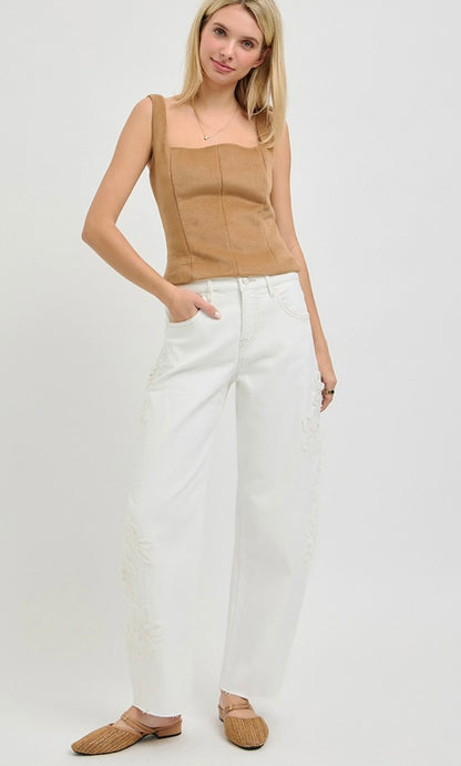 TUMMY CONTROL SLOUCHY BARREL FIT FLORAL PATCH DETAILS JEANS