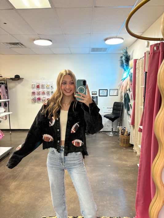 DISTRESSED RIBBED FOOTBALL JACKET