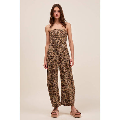 STRAPLESS LEOPARD BARREL TWILL DENIM JUMPSUIT: LEOPARD