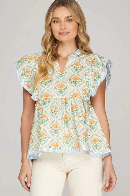 RUFFLE SLEEVE PRINTED TOP BLUE AND ORANGE