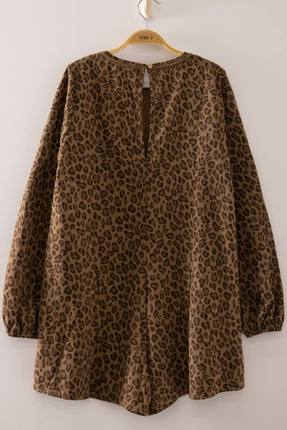 Leopard Print Long Sleeve Romper: MOCHA LEOPARD