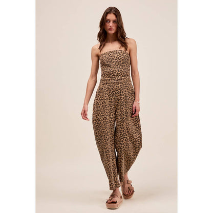 STRAPLESS LEOPARD BARREL TWILL DENIM JUMPSUIT: LEOPARD