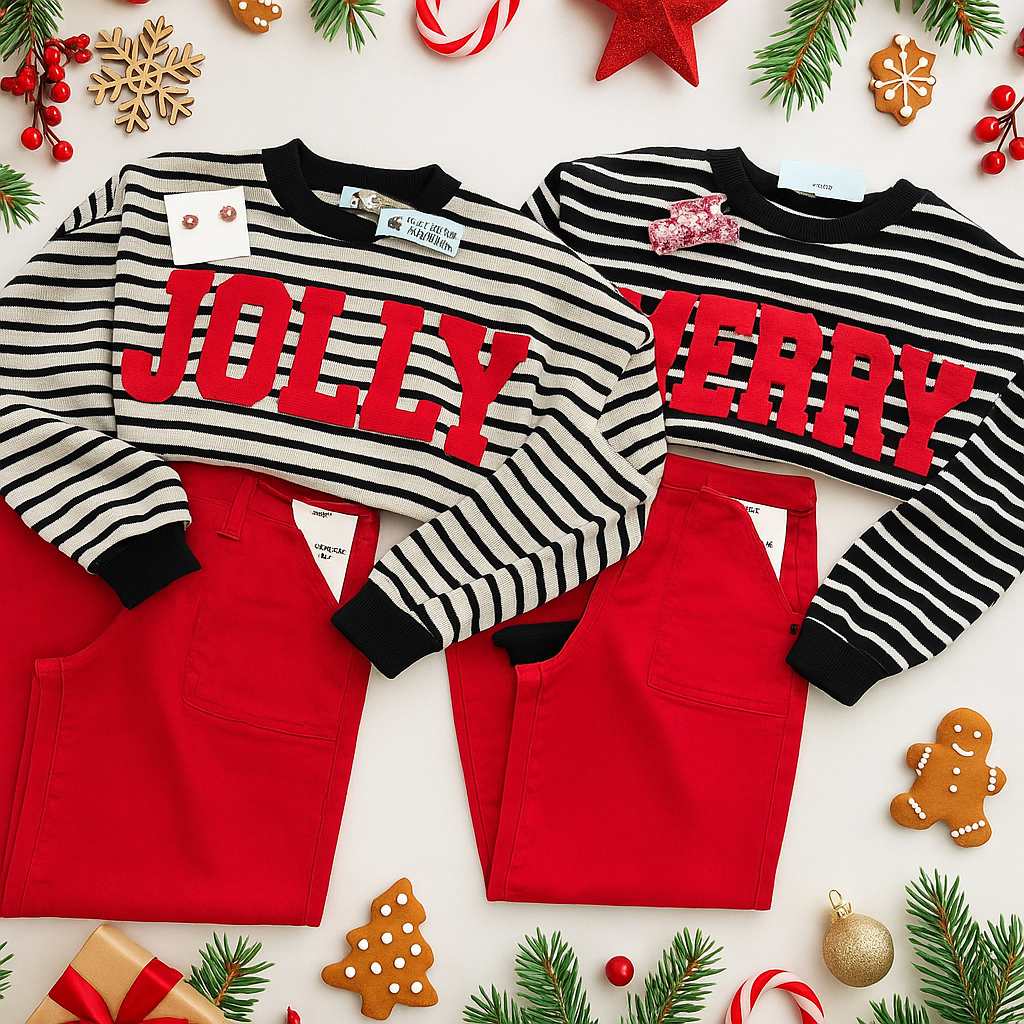 “JOLLY” STRIPE L/S GRAPHIC CLOUDY KNIT SWEATSHIRT