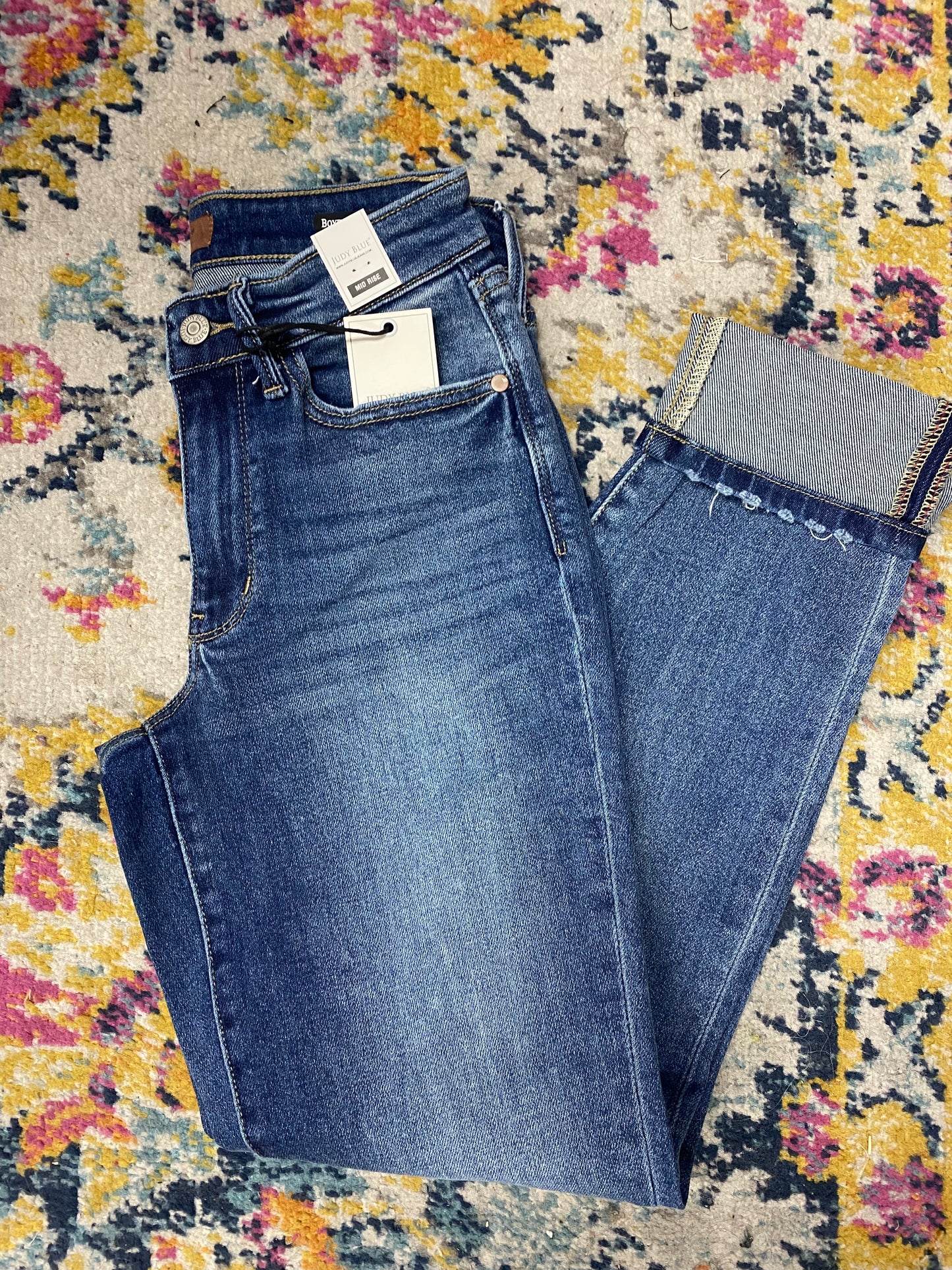 Medium Wash Boyfriend Fit Mid Rise Rolled Hem Judy Blue Jeans