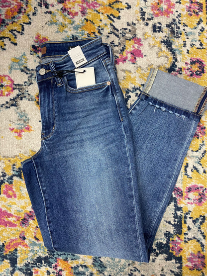 Medium Wash Boyfriend Fit Mid Rise Rolled Hem Judy Blue Jeans