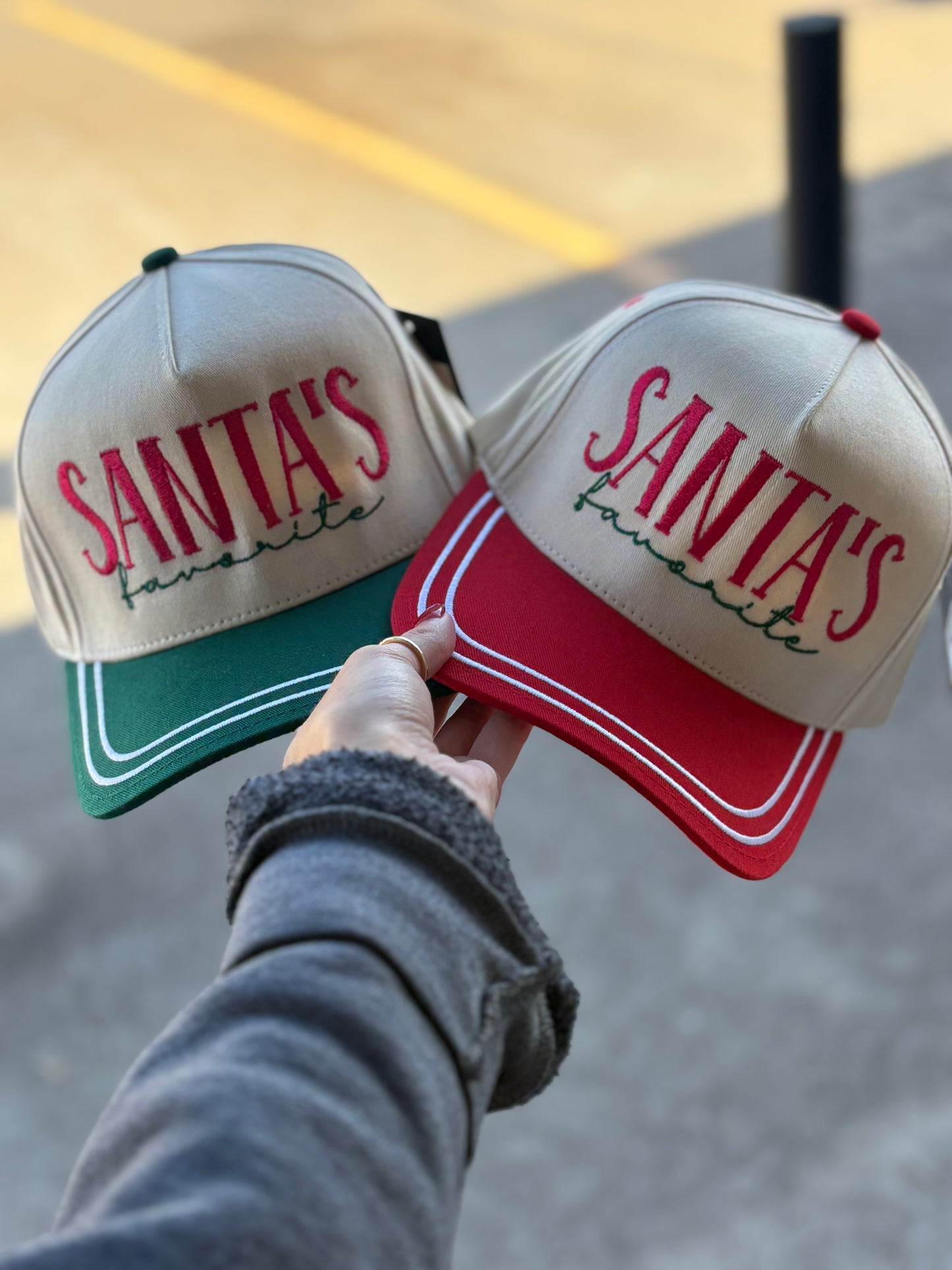 “Santa’s Favorite” red & green hats