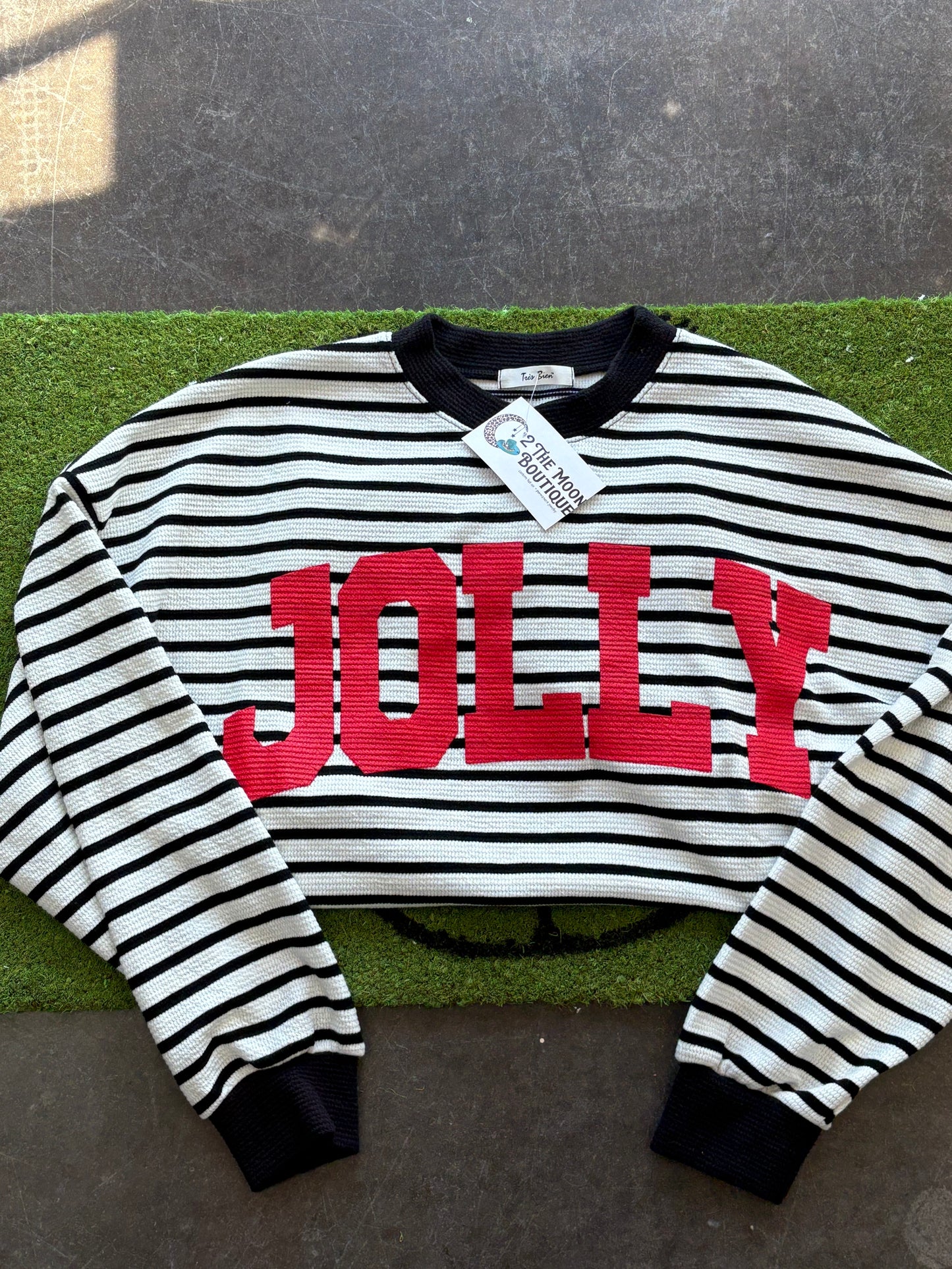 “JOLLY” STRIPE L/S GRAPHIC CLOUDY KNIT SWEATSHIRT