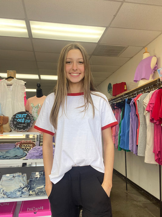 White shirt w/ red sleeves