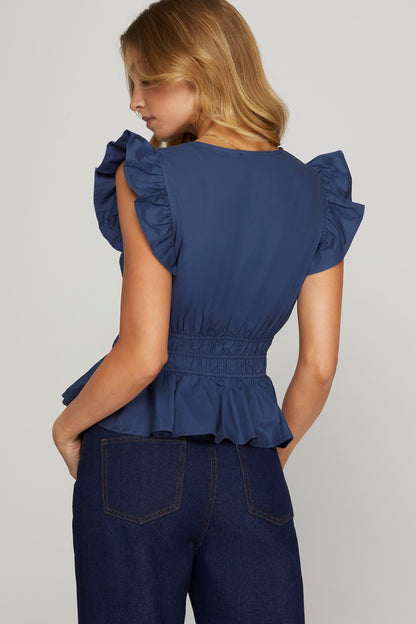 RUFFLED SLEEVE V NECK WOVEN TOP WITH WAIST ELASTIC